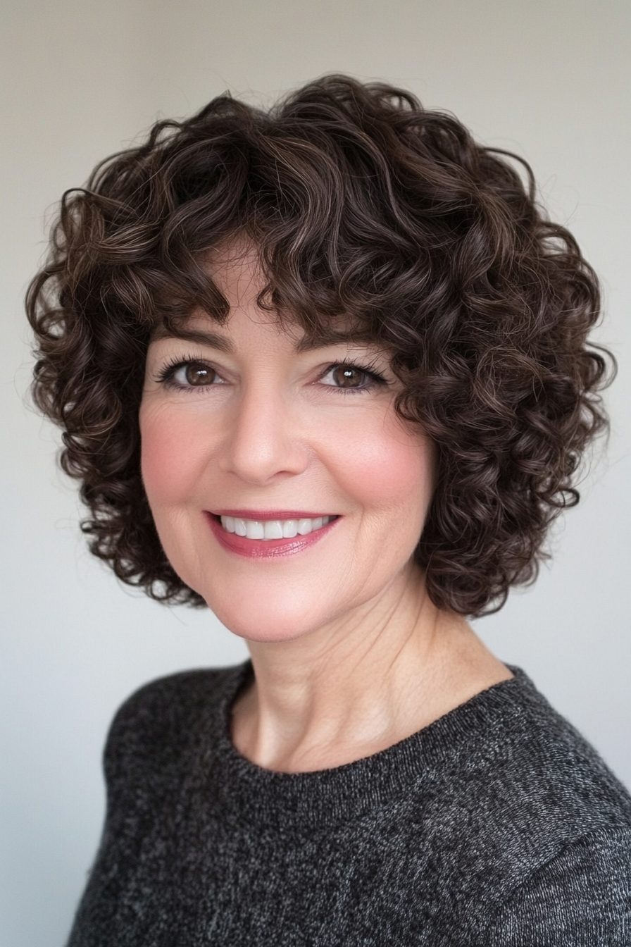 5. Elegant Curly Bob in Dark Brown (Short Curly Hairstyles For Women Over 60) - Short Curly Hairstyles For Women Over 60