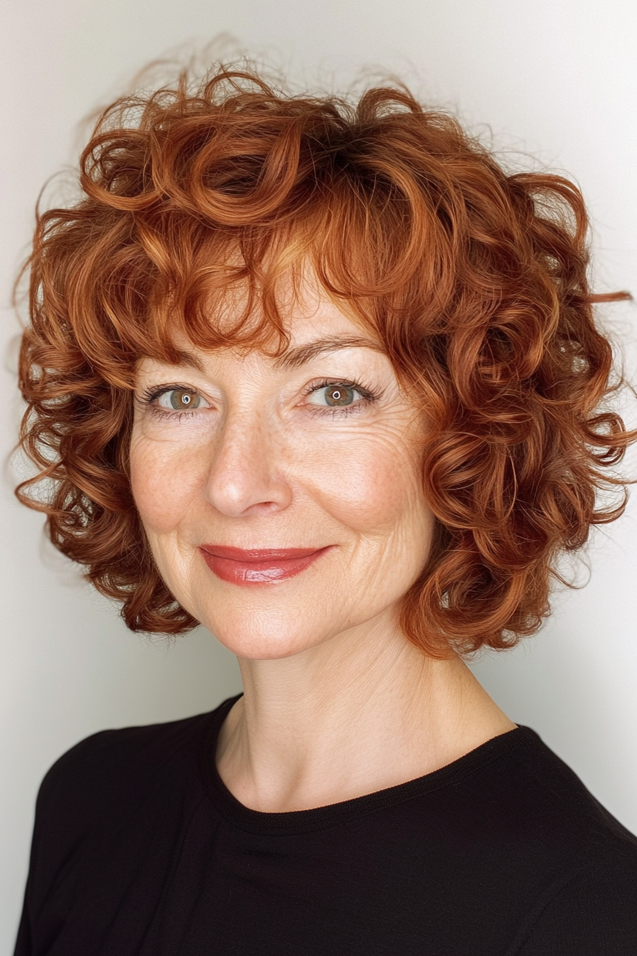7. Chin-Length Curls in Warm Auburn (Short Curly Hairstyles For Women Over 60) - Short Curly Hairstyles For Women Over 60