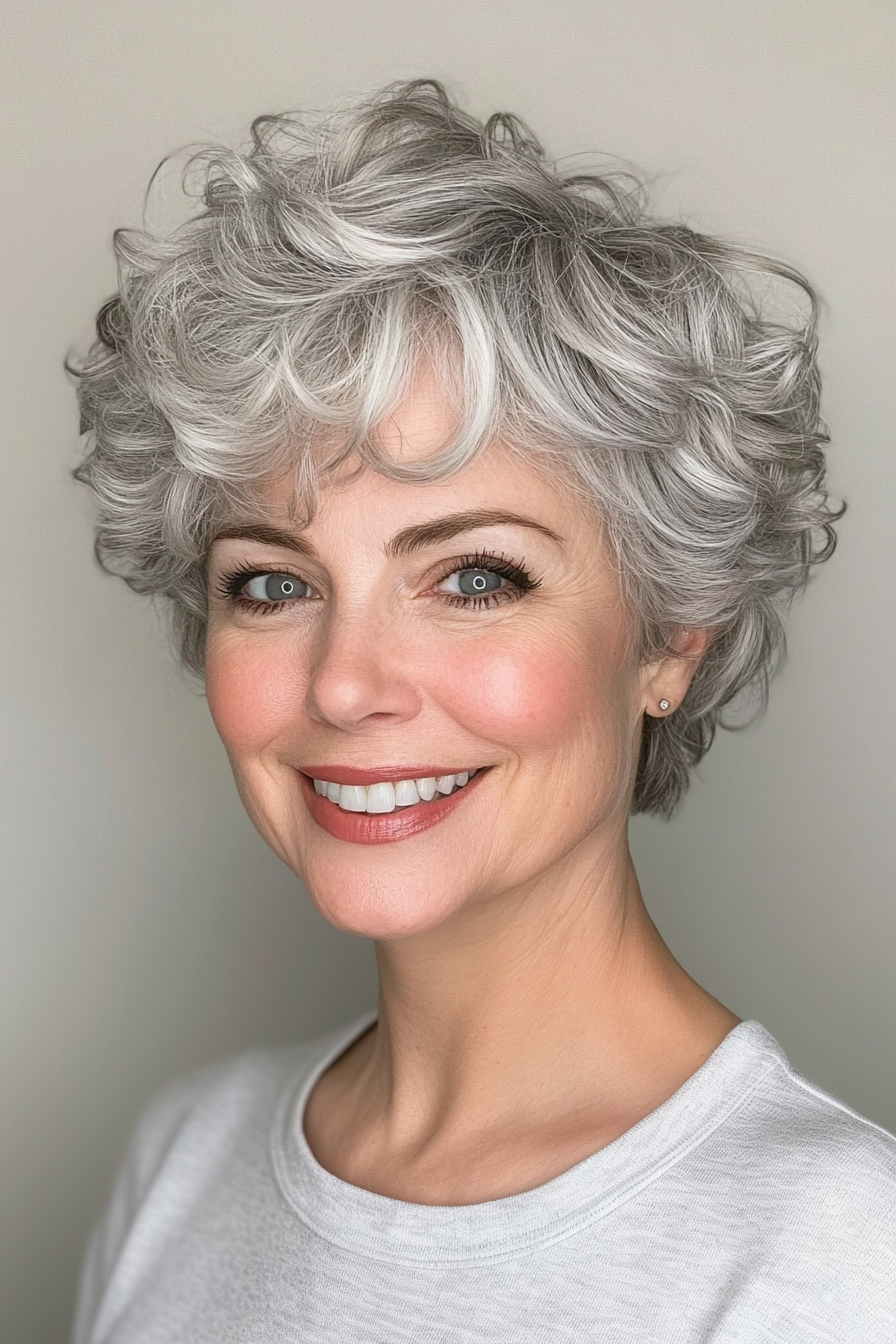 8. Feathered Pixie in Light Gray (Short Curly Hairstyles For Women Over 60) - Short Curly Hairstyles For Women Over 60