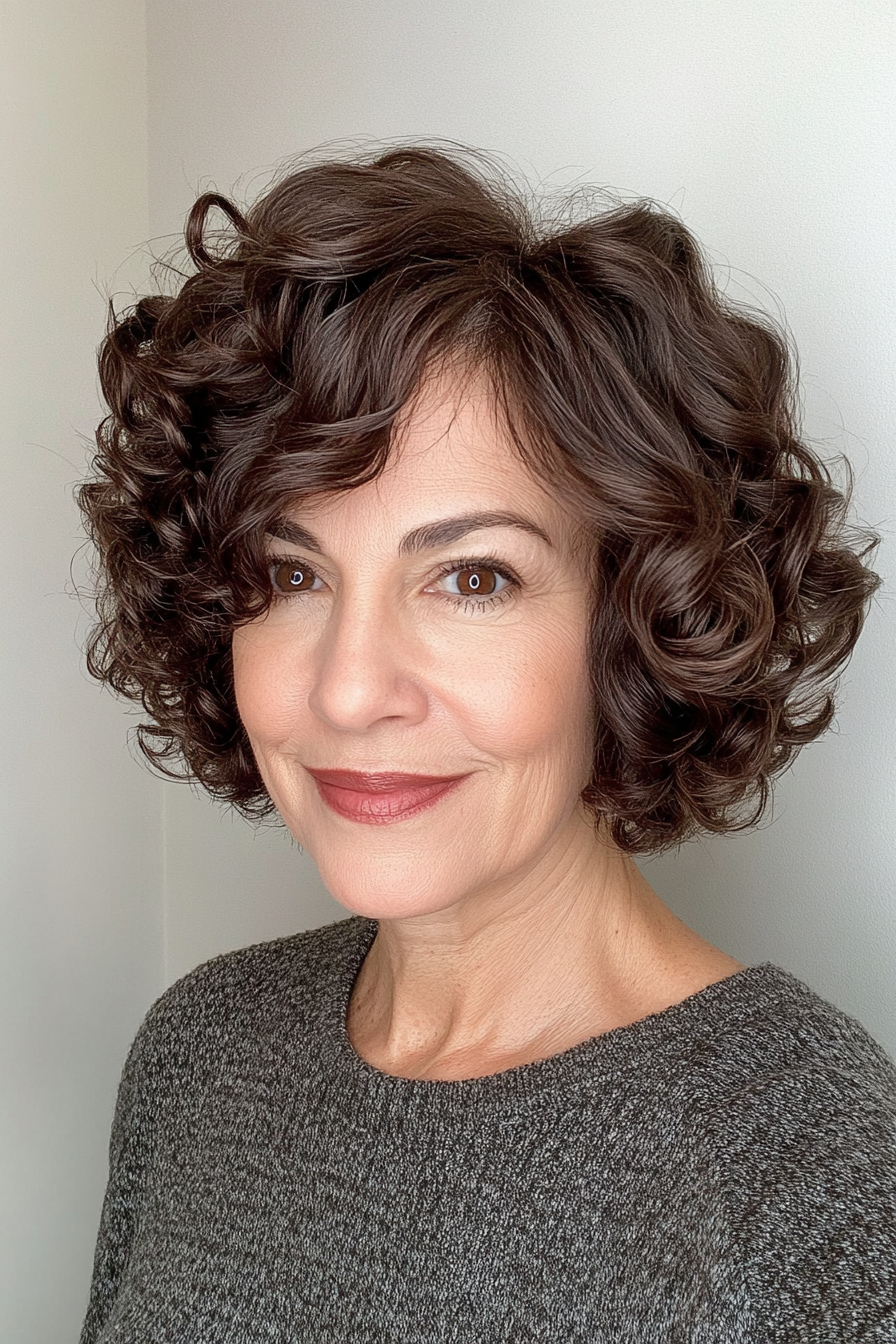 9. Curly Asymmetrical Bob in Dark Chocolate Brown (Short Curly Hairstyles For Women Over 60) - Short Curly Hairstyles For Women Over 60