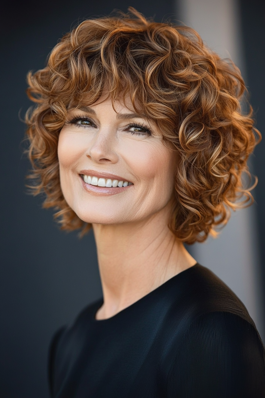 12. Layered Bob with Bangs in Warm Caramel (Short Curly Hairstyles For Women Over 60) - Short Curly Hairstyles For Women Over 60