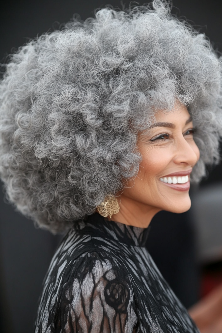 13. Tapered Afro in Natural Gray (Short Curly Hairstyles For Women Over 60) - Short Curly Hairstyles For Women Over 60