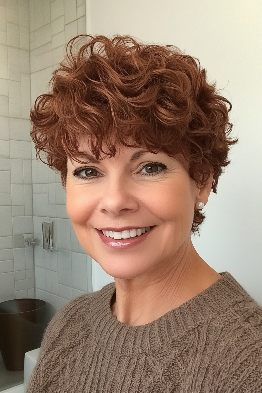 14. Wavy Pixie in Medium Chestnut Brown (Short Curly Hairstyles For Women Over 60) - Short Curly Hairstyles For Women Over 60