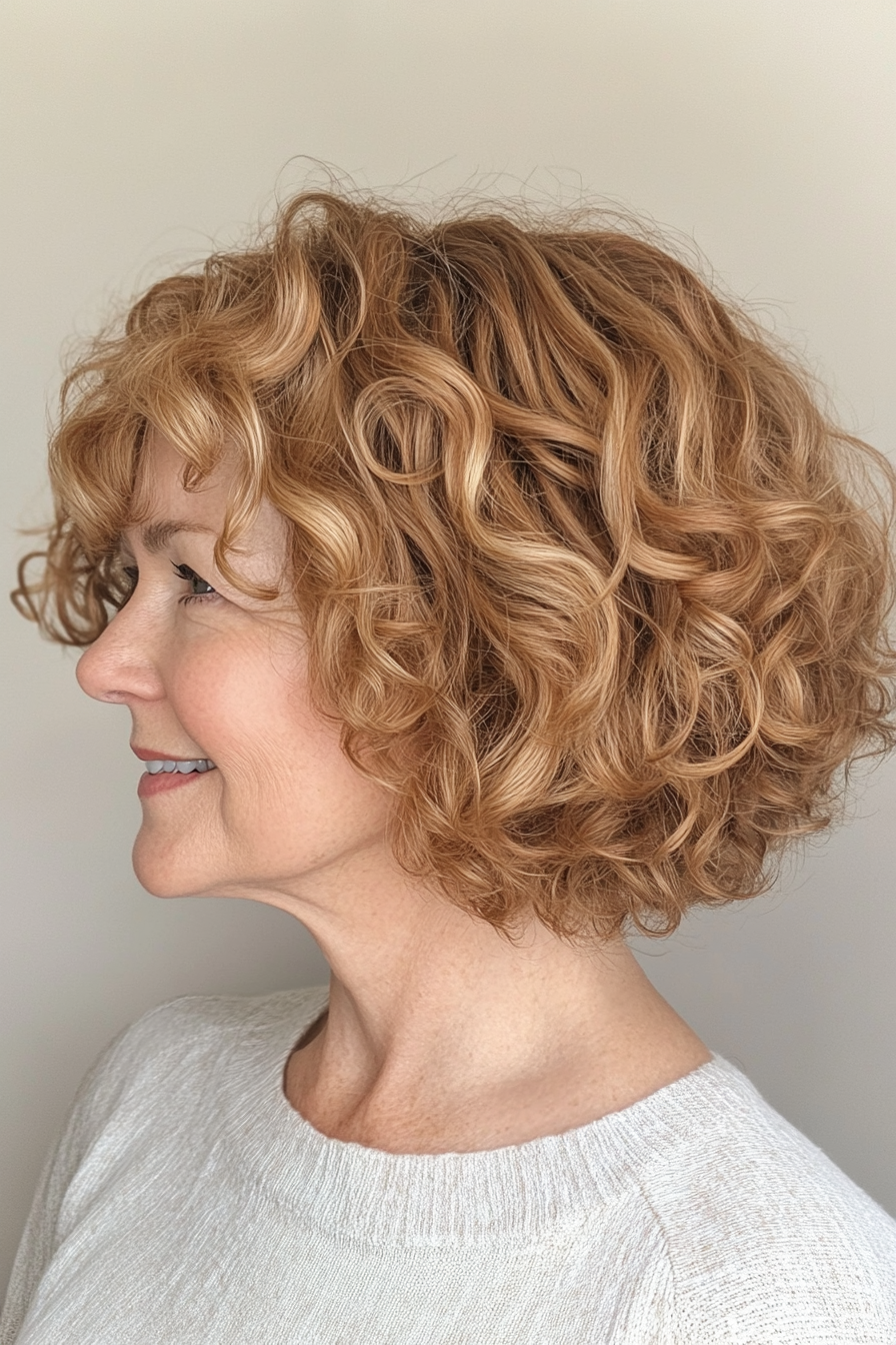 19. Side-Parted Curls in Soft Honey Blonde (Short Curly Hairstyles For Women Over 60) - Short Curly Hairstyles For Women Over 60
