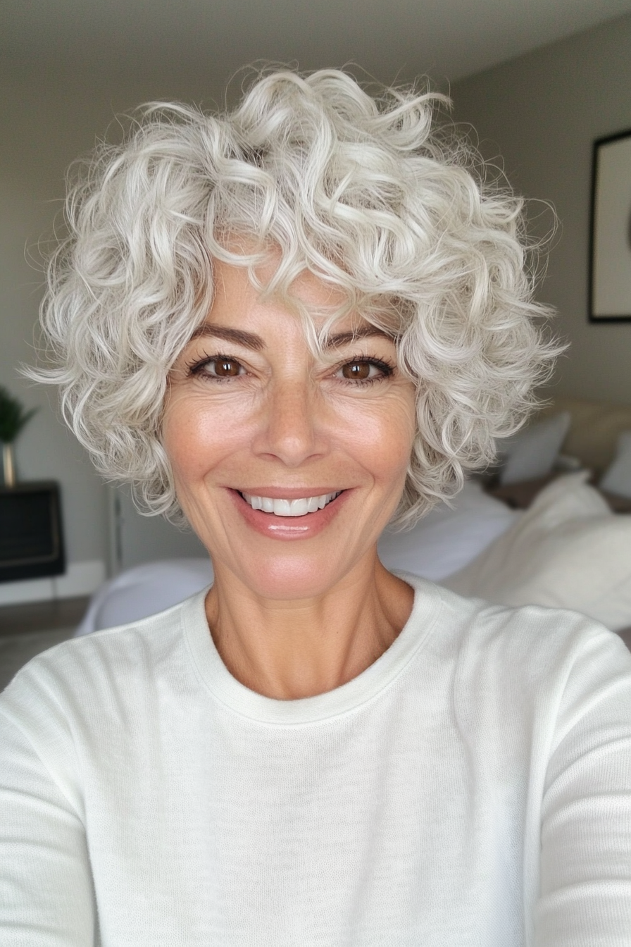 20. Messy Curly Pixie in Natural White (Short Curly Hairstyles For Women Over 60) - Short Curly Hairstyles For Women Over 60