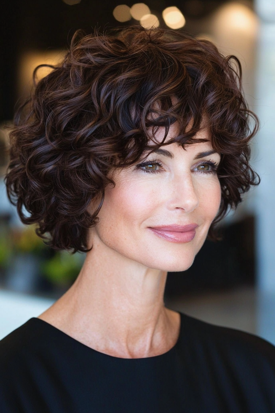 21. Angled Curly Bob in Rich Espresso Brown (Short Curly Hairstyles For Women Over 60) - Short Curly Hairstyles For Women Over 60