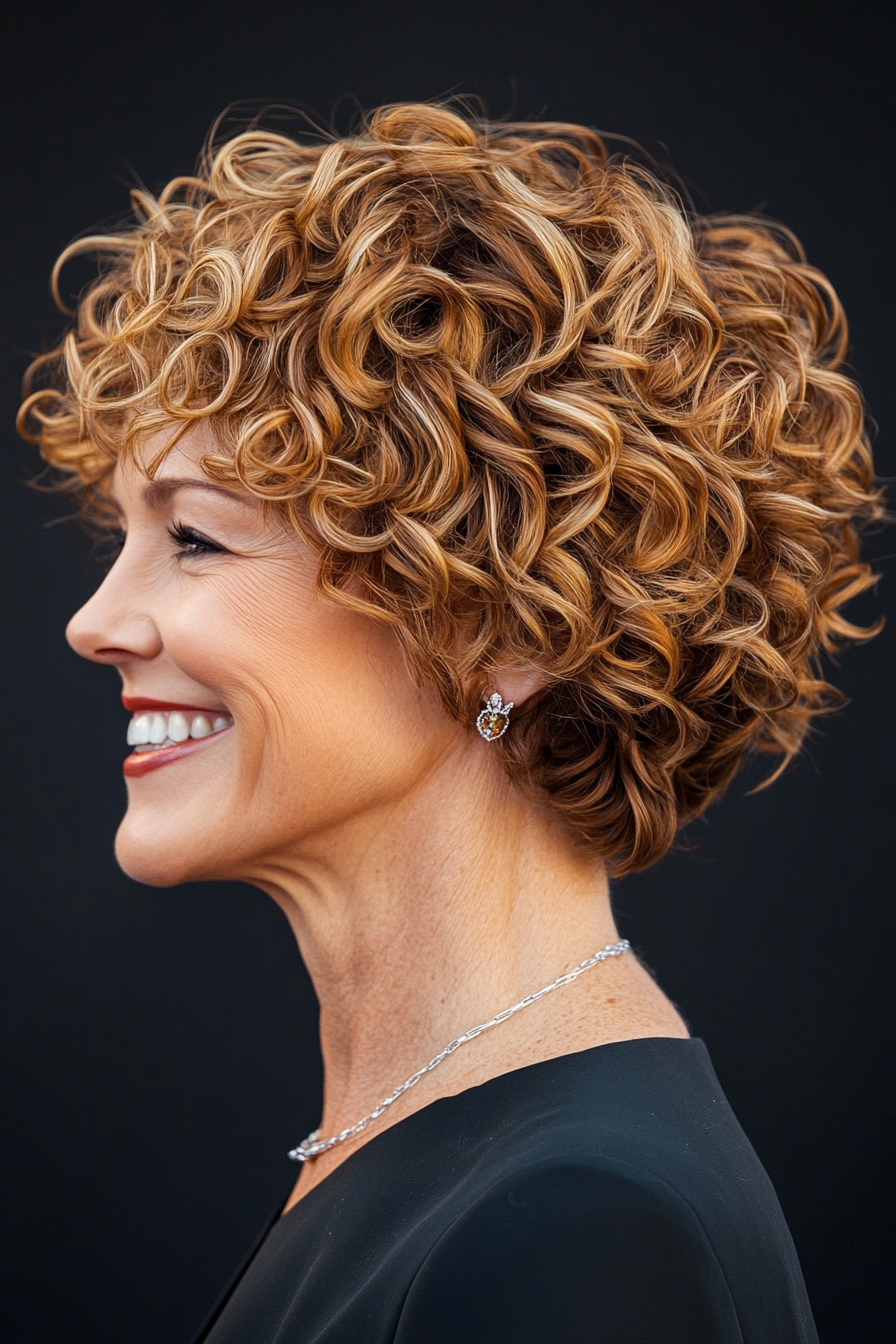 23. Short Sassy Curls in Medium Golden Brown (Short Curly Hairstyles For Women Over 60) - Short Curly Hairstyles For Women Over 60