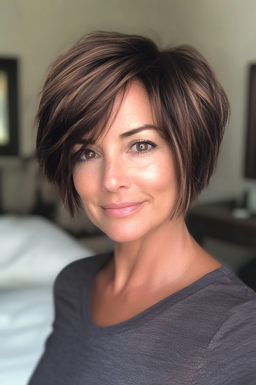 2. Choppy Brunette Pixie with Side Bangs (Pixie Hairstyles For Women Over 40) - Pixie Hairstyles For Women Over 40