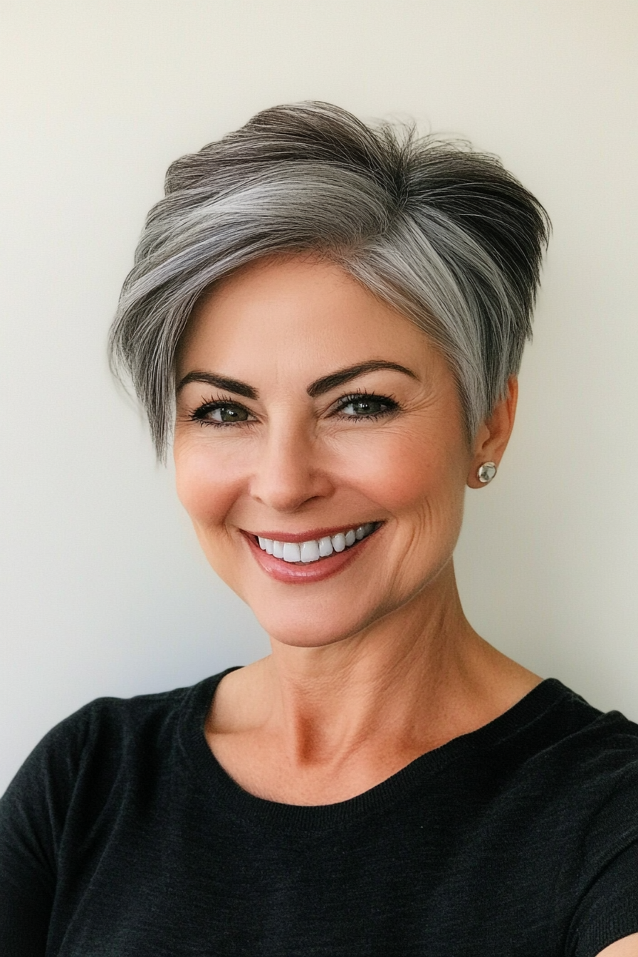 4. Salt-and-Pepper Tapered Pixie (Pixie Hairstyles For Women Over 40) - Pixie Hairstyles For Women Over 40