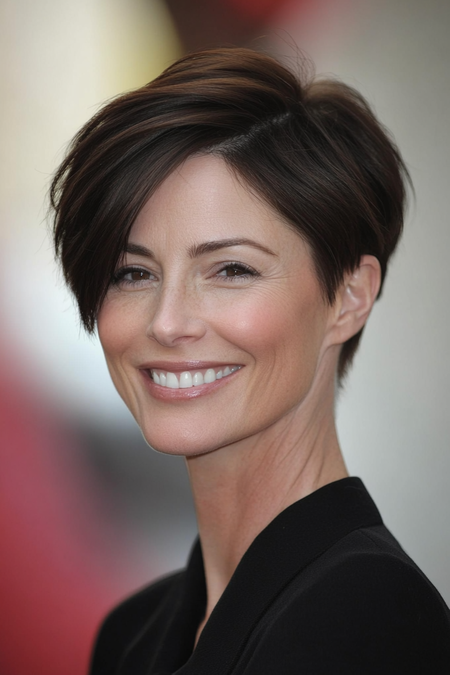 5. Sleek Dark Brown Pixie with a Side Part (Pixie Hairstyles For Women Over 40) - Pixie Hairstyles For Women Over 40