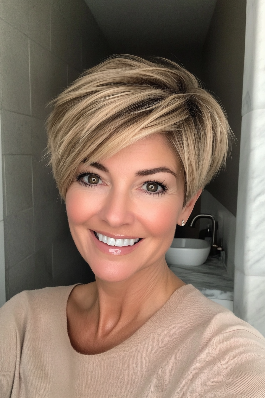 6. Honey Blonde Layered Pixie (Pixie Hairstyles For Women Over 40) - Pixie Hairstyles For Women Over 40