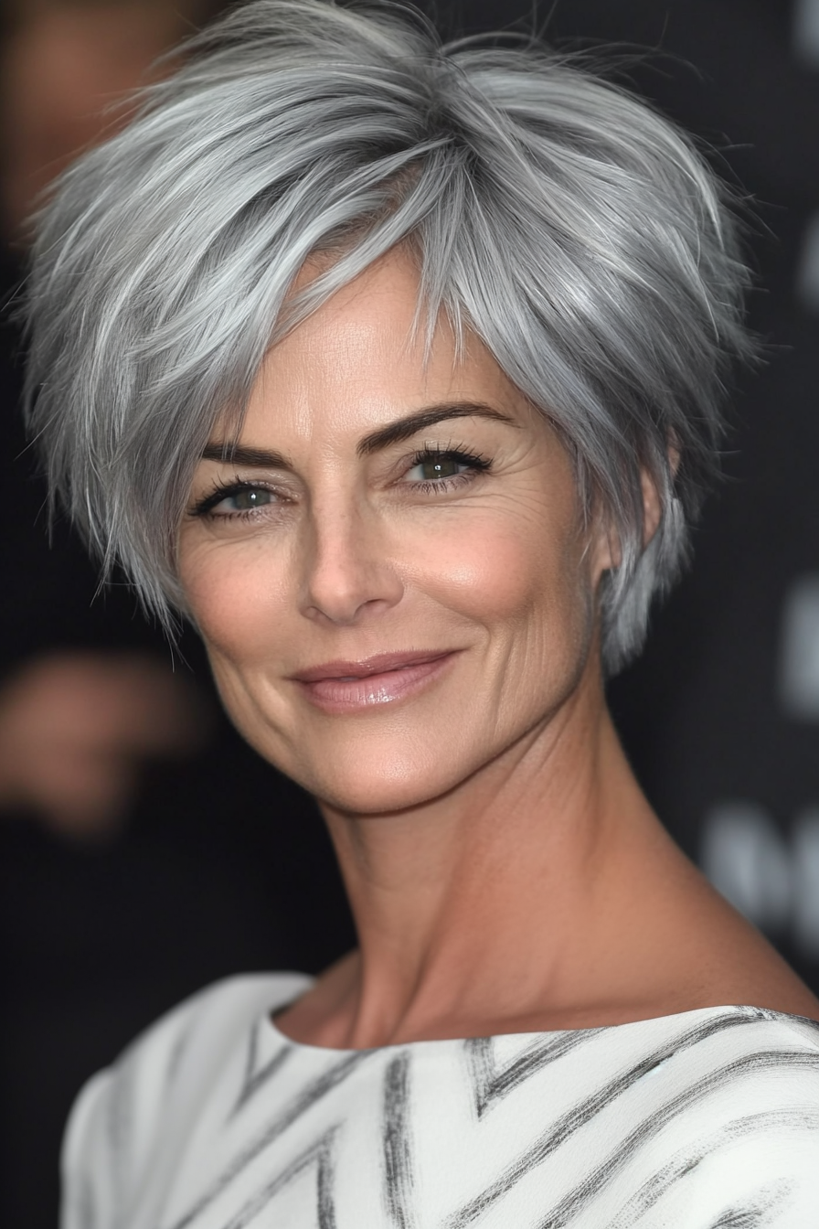 7. Short Silver Pixie with Volume (Pixie Hairstyles For Women Over 40) - Pixie Hairstyles For Women Over 40
