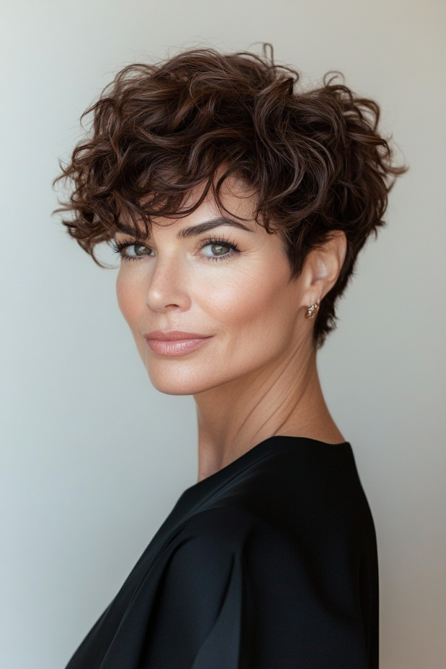 8. Curly Espresso Brown Pixie (Pixie Hairstyles For Women Over 40) - Pixie Hairstyles For Women Over 40
