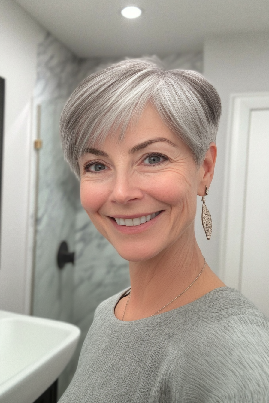 10. Subtle Gray Pixie with Soft Layers (Pixie Hairstyles For Women Over 40) - Pixie Hairstyles For Women Over 40