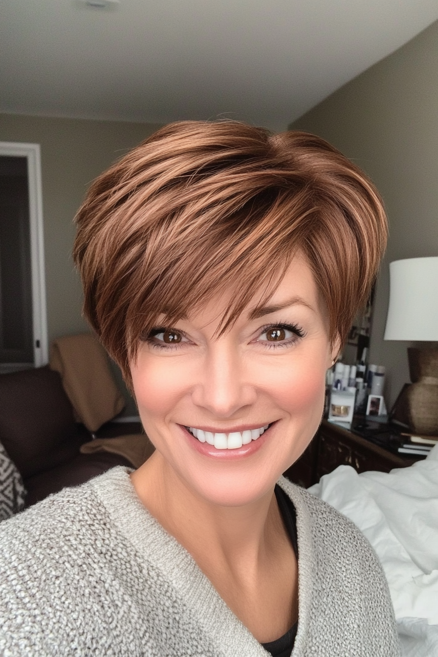 11. Chestnut Pixie with Tapered Nape (Pixie Hairstyles For Women Over 40) - Pixie Hairstyles For Women Over 40