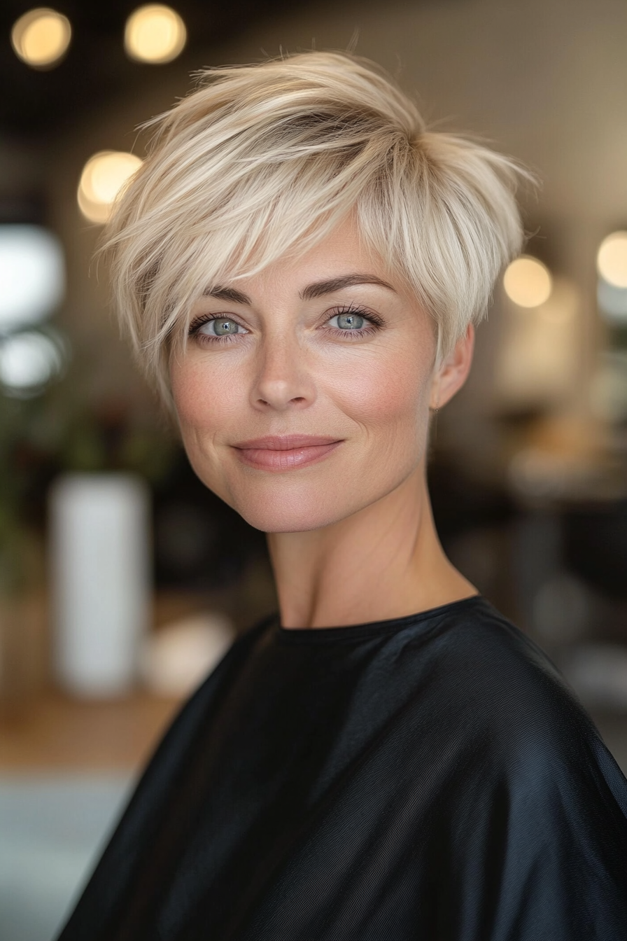 12. Golden Blonde Pixie with Side-Swept Bangs (Pixie Hairstyles For Women Over 40) - Pixie Hairstyles For Women Over 40