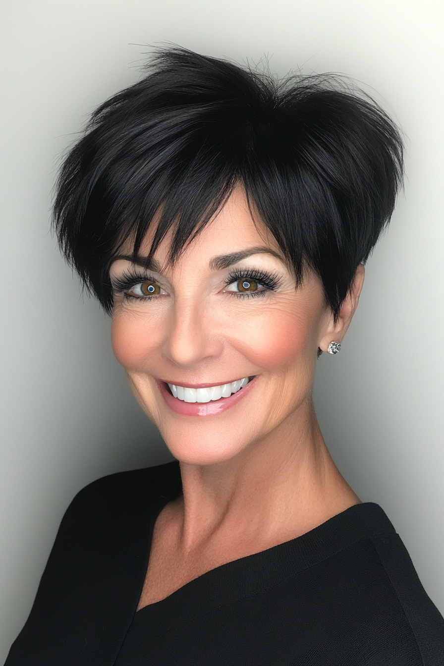 13. Deep Black Pixie with Angled Layers (Pixie Hairstyles For Women Over 40) - Pixie Hairstyles For Women Over 40
