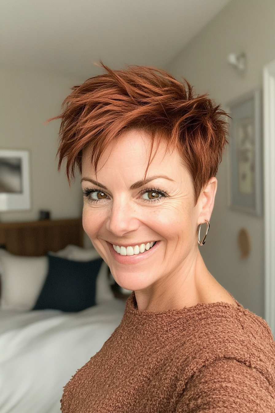 14. Warm Auburn Pixie with Textured Ends (Pixie Hairstyles For Women Over 40) - Pixie Hairstyles For Women Over 40