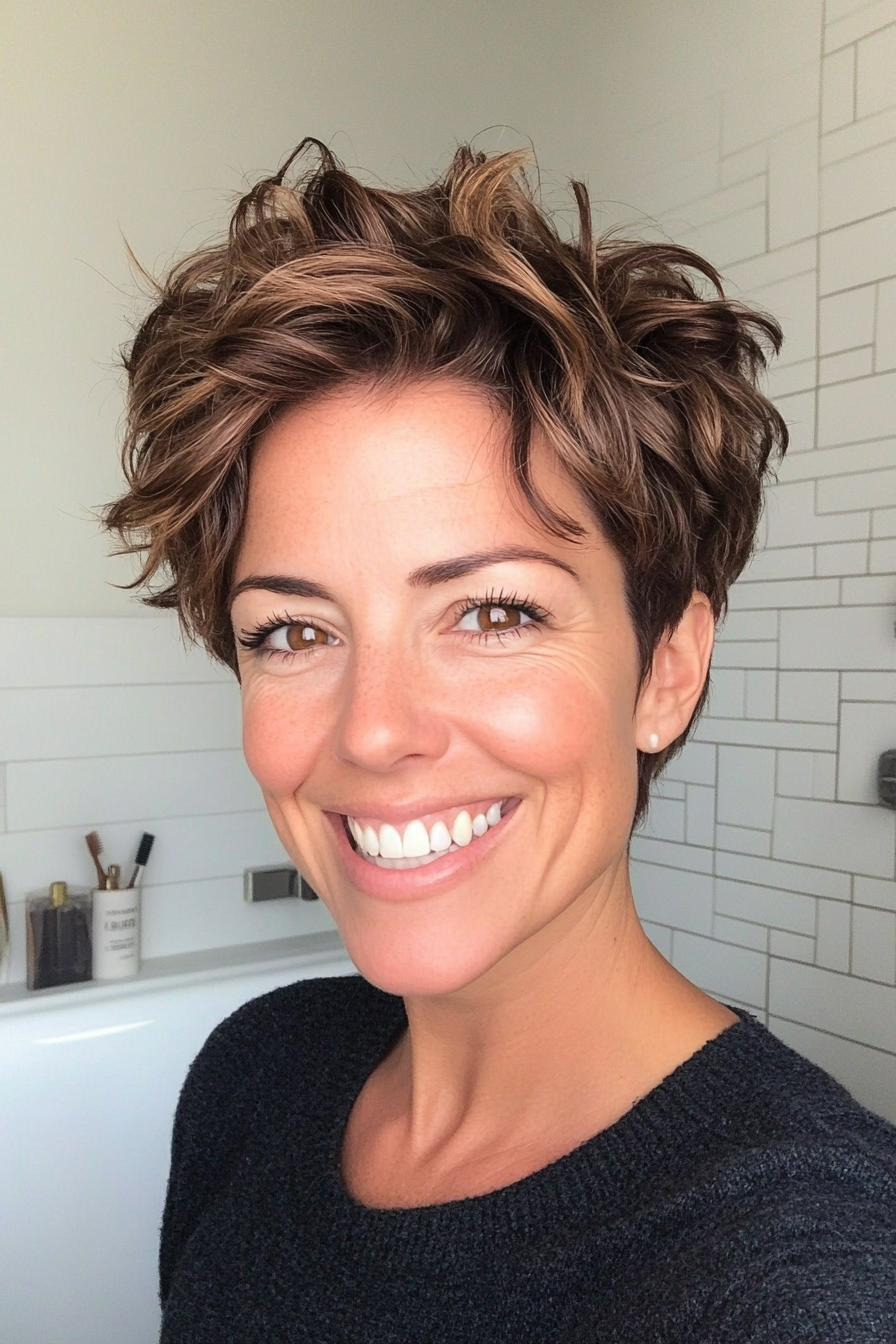 15. Caramel Brown Tousled Pixie Cut (Pixie Hairstyles For Women Over 40) - Pixie Hairstyles For Women Over 40