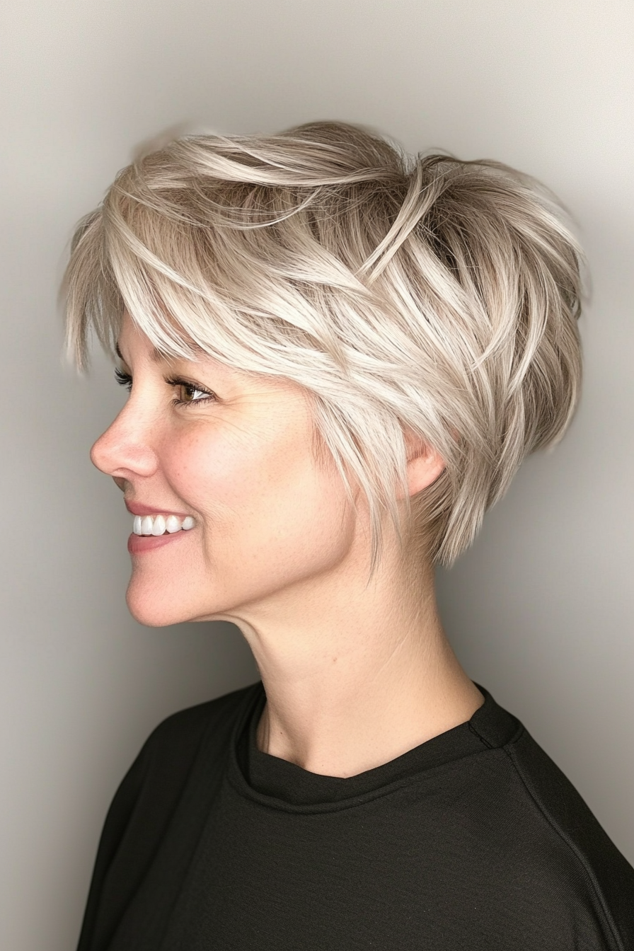 16. Frosted Blonde Pixie with Crown Layers (Pixie Hairstyles For Women Over 40) - Pixie Hairstyles For Women Over 40