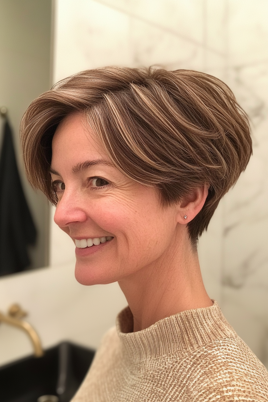 17. Mushroom Brown Pixie with Subtle Highlights (Pixie Hairstyles For Women Over 40) - Pixie Hairstyles For Women Over 40