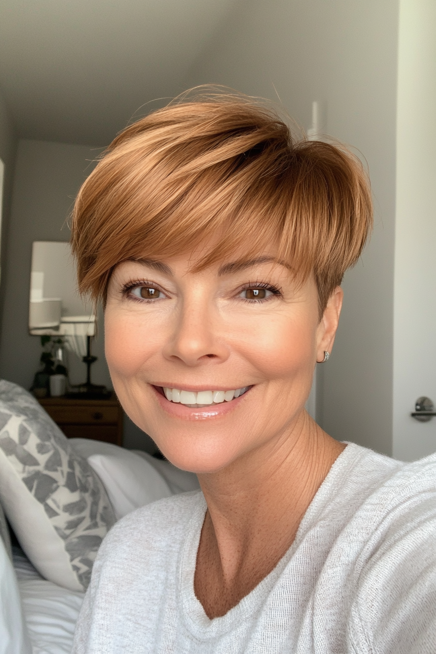 18. Short Golden Brown Pixie with Soft Fringe (Pixie Hairstyles For Women Over 40) - Pixie Hairstyles For Women Over 40