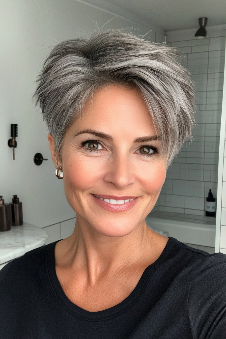 19. Ash Gray Pixie with Choppy Texture (Pixie Hairstyles For Women Over 40) - Pixie Hairstyles For Women Over 40