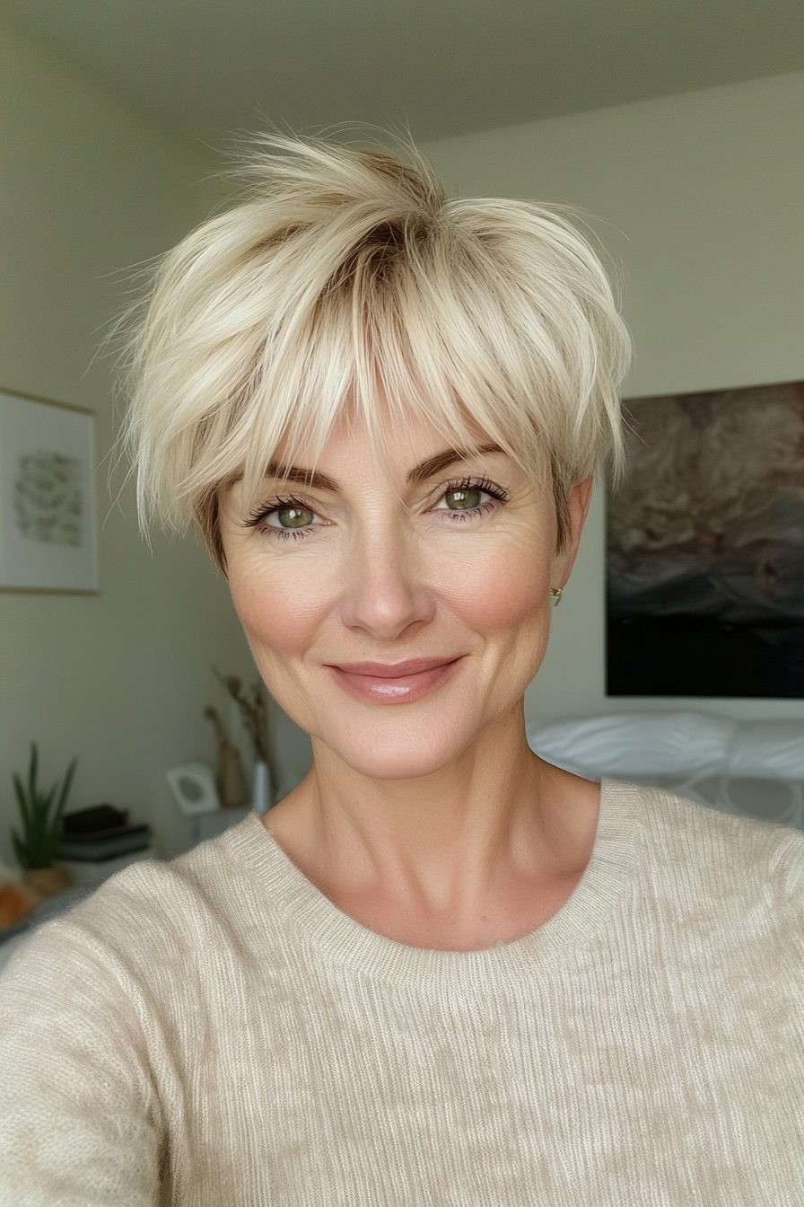 23. Sunlit Blonde Pixie with Wispy Bangs (Pixie Hairstyles For Women Over 40) - Pixie Hairstyles For Women Over 40