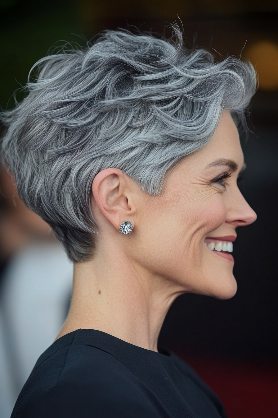 24. Dimensional Gray Pixie with Soft Waves (Pixie Hairstyles For Women Over 40) - Pixie Hairstyles For Women Over 40
