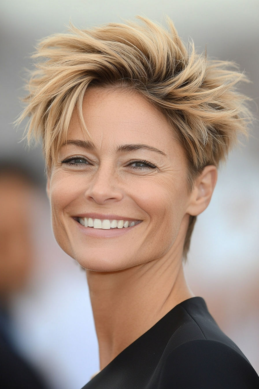 26. Sandy Blonde Pixie with Layered Crown (Pixie Hairstyles For Women Over 40) - Pixie Hairstyles For Women Over 40