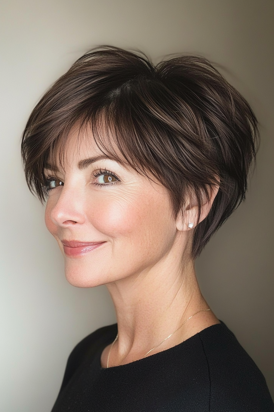 1. Soft Layered Pixie in Dark Brunette (Short Haircuts For Women Over 40) - Short Haircuts For Women Over 40