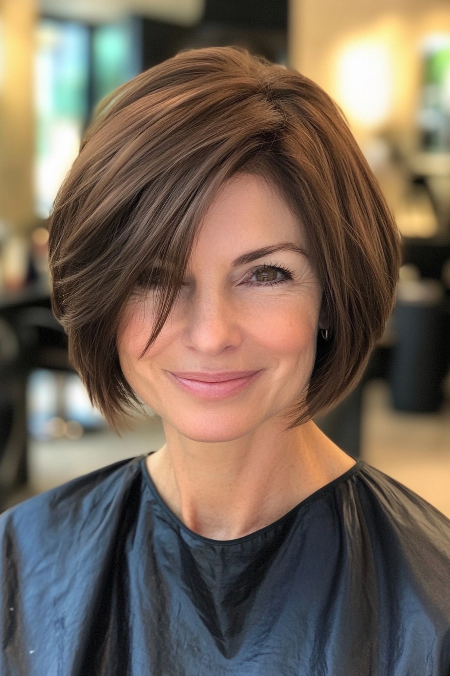 2. Chin-Length Bob with Side Part in Warm Chestnut (Short Haircuts For Women Over 40) - Short Haircuts For Women Over 40