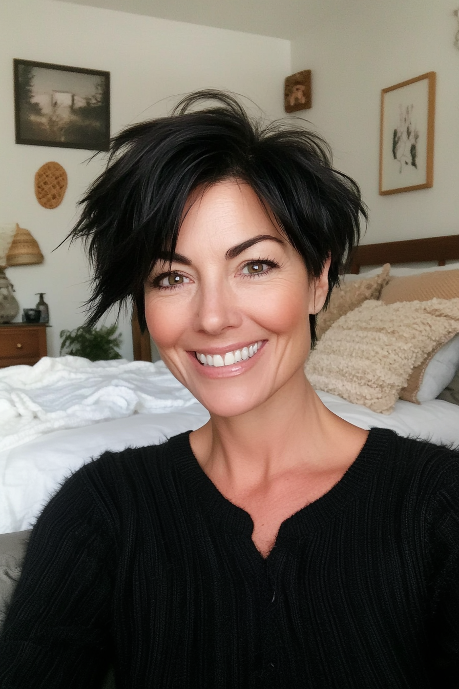 4. Feathered Pixie in Deep Black (Short Haircuts For Women Over 40) - Short Haircuts For Women Over 40
