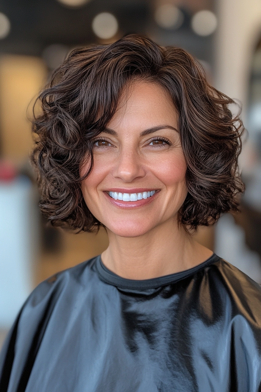 8. Curly Bob with Face-Framing Layers in Soft Espresso Brown (Short Haircuts For Women Over 40) - Short Haircuts For Women Over 40