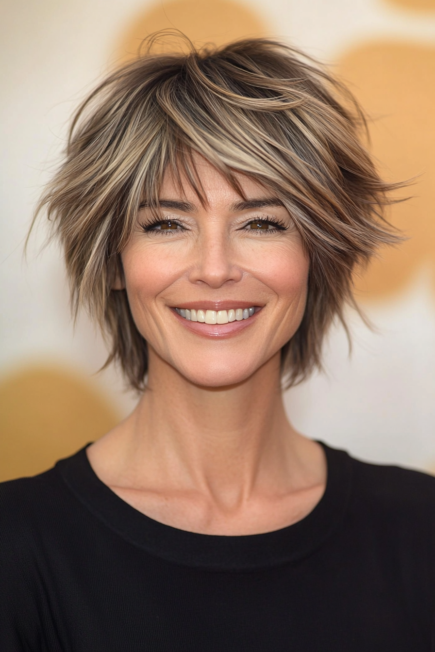 9. Short Shag with Wispy Bangs in Dark Honey Blonde (Short Haircuts For Women Over 40) - Short Haircuts For Women Over 40