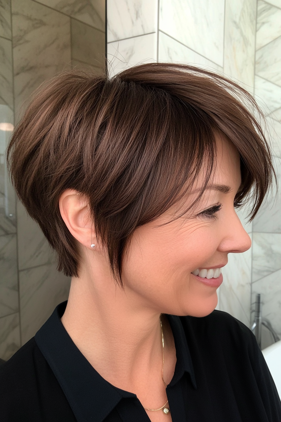 11. Layered Pixie with Long Side Bangs in Cool Dark Brown (Short Haircuts For Women Over 40) - Short Haircuts For Women Over 40