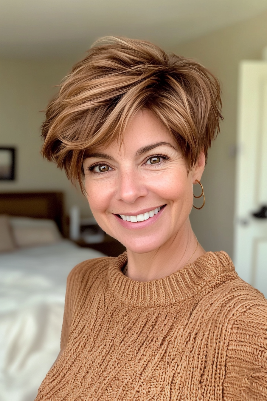 13. Tousled Crop in Caramel Brown (Short Haircuts For Women Over 40) - Short Haircuts For Women Over 40