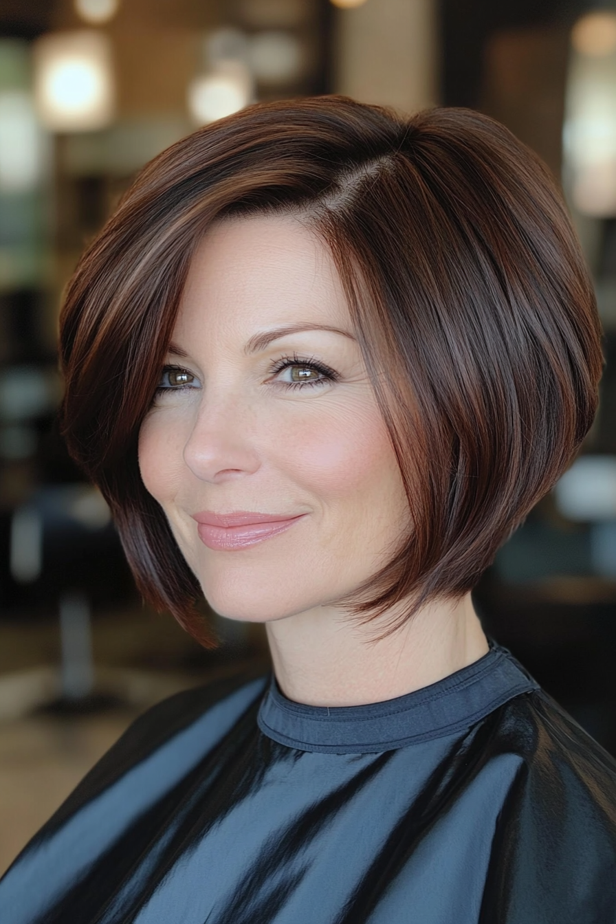 14. Stacked Bob with Volume in Deep Mahogany Brown (Short Haircuts For Women Over 40) - Short Haircuts For Women Over 40