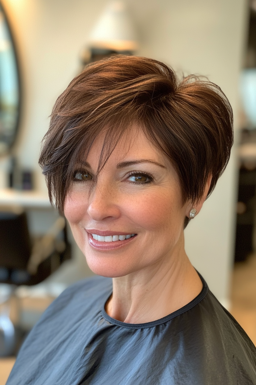 16. Side-Swept Short Crop in Warm Walnut Brown (Short Haircuts For Women Over 40) - Short Haircuts For Women Over 40