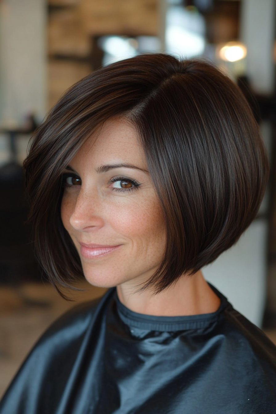 17. Angled Bob with Layers in Natural Dark Brown (Short Haircuts For Women Over 40) - Short Haircuts For Women Over 40