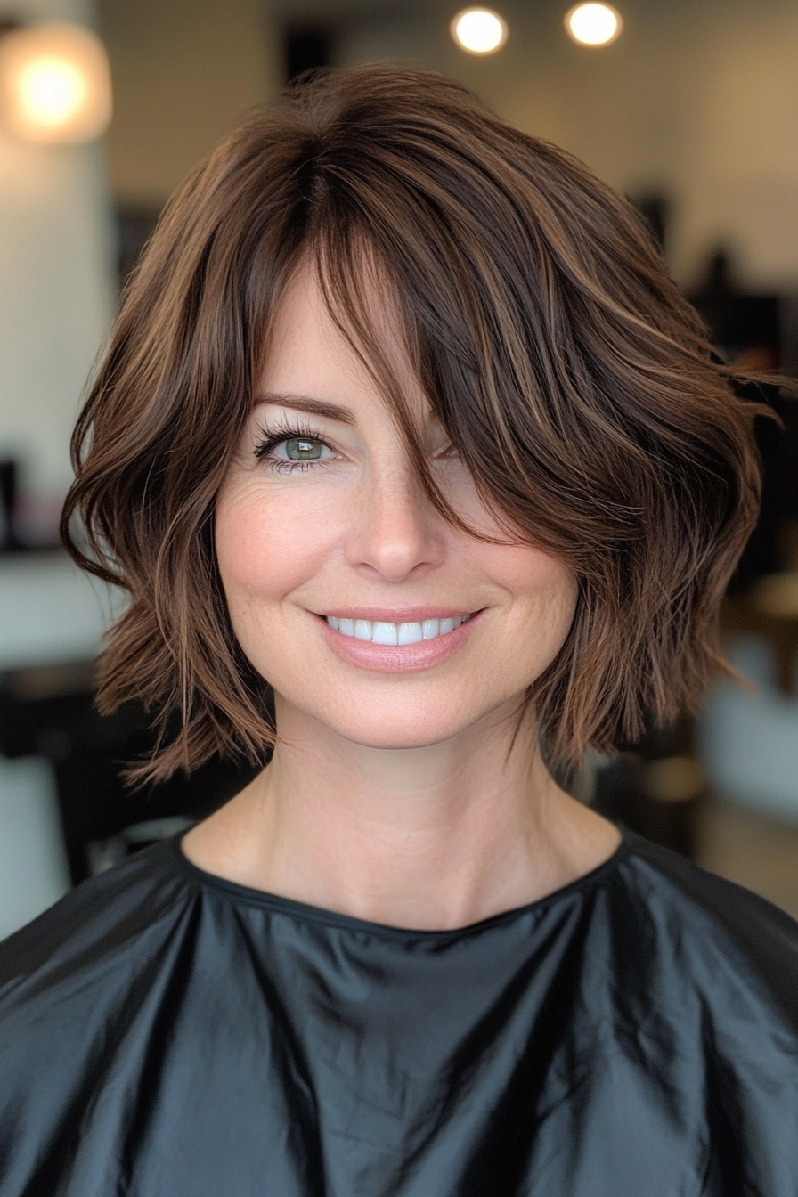 18. Textured Bob with Curtain Bangs in Deep Chestnut Brown (Short Haircuts For Women Over 40) - Short Haircuts For Women Over 40