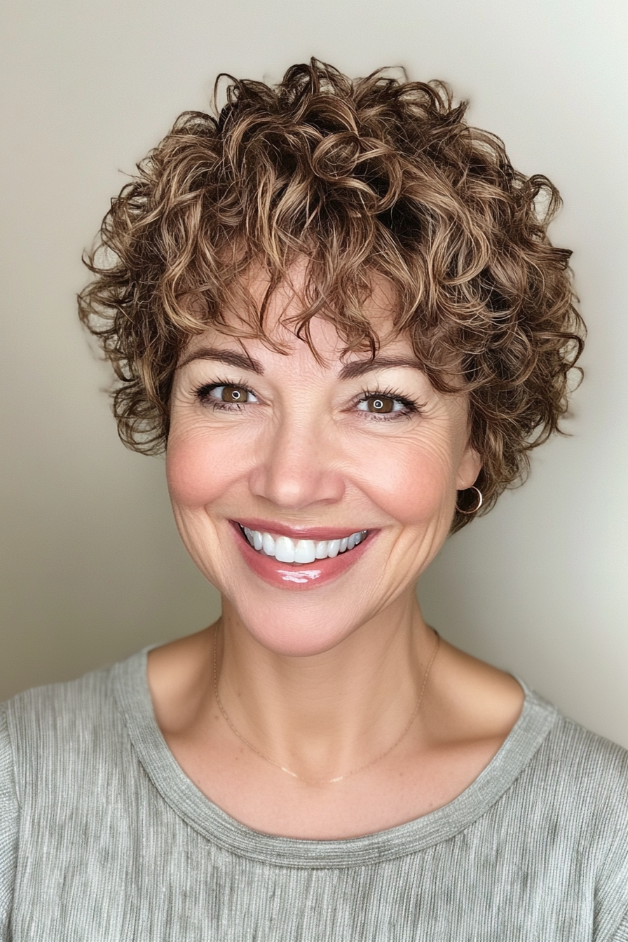 20. Curly Pixie with Volume in Golden Honey Brown (Short Haircuts For Women Over 40) - Short Haircuts For Women Over 40