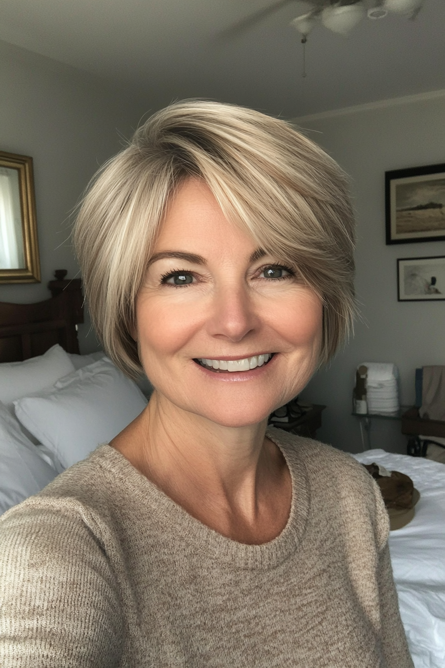 23. Short Feathered Cut in Sandy Brown (Short Haircuts For Women Over 40) - Short Haircuts For Women Over 40