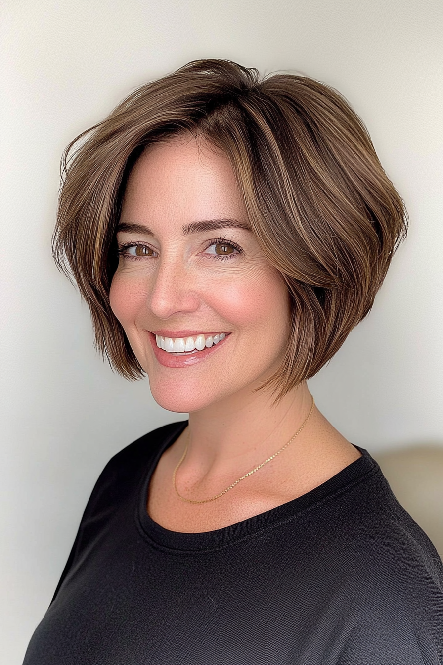 24. Ear-Length Bob with Rounded Layers in Natural Espresso Brown (Short Haircuts For Women Over 40) - Short Haircuts For Women Over 40