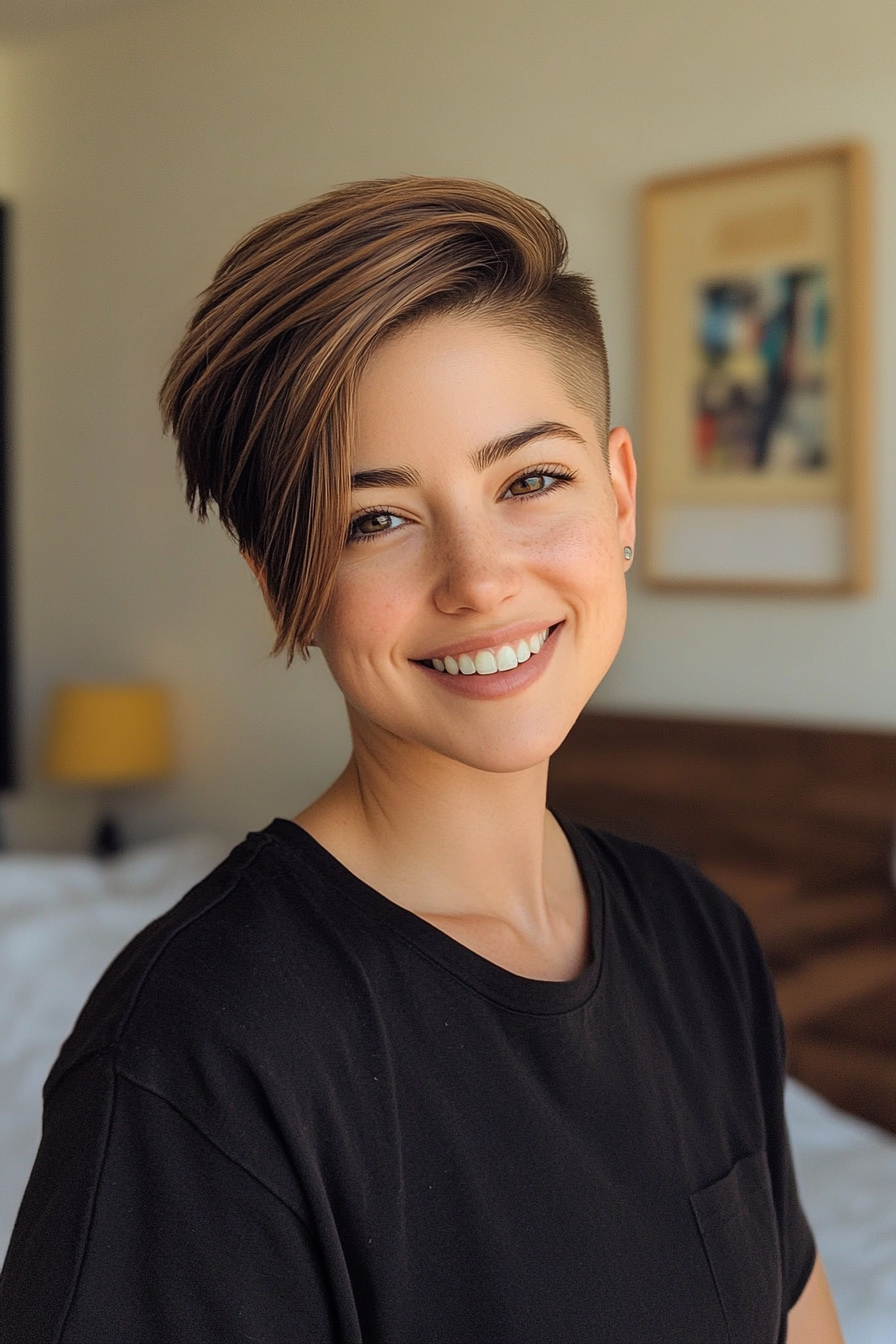 8. Sleek Side-Parted Pixie in Medium Brown (Undercut Pixie Hairstyles) - Undercut Pixie Hairstyles