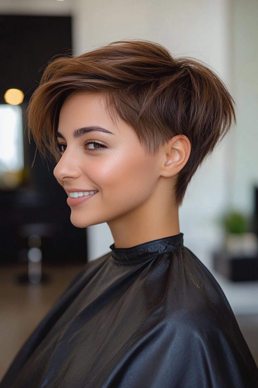 17. Sculpted Pixie in Deep Caramel Brown (Undercut Pixie Hairstyles) - Undercut Pixie Hairstyles