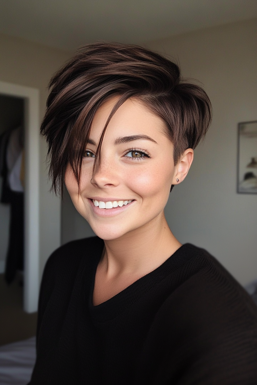 18. Pixie with Long Top Layers in Dark Chocolate Brown (Undercut Pixie Hairstyles) - Undercut Pixie Hairstyles