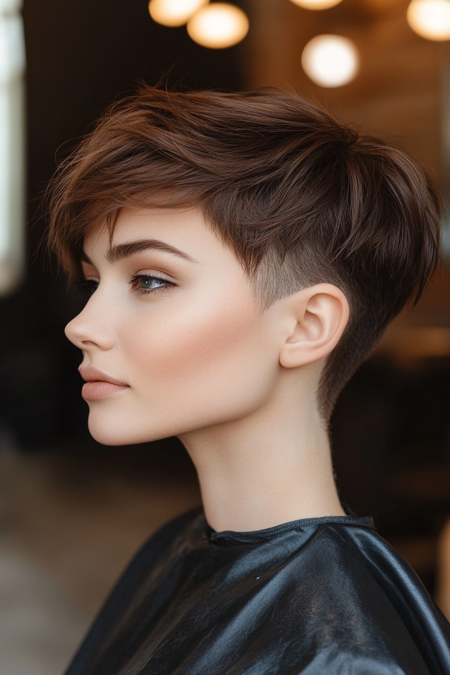 19. Undercut Pixie with Blunt Bangs in Soft Brunette (Undercut Pixie Hairstyles) - Undercut Pixie Hairstyles