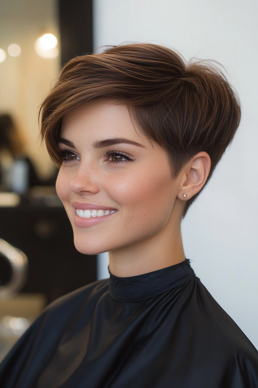 23. Minimalist Undercut Pixie in Earthy Brunette (Undercut Pixie Hairstyles) - Undercut Pixie Hairstyles