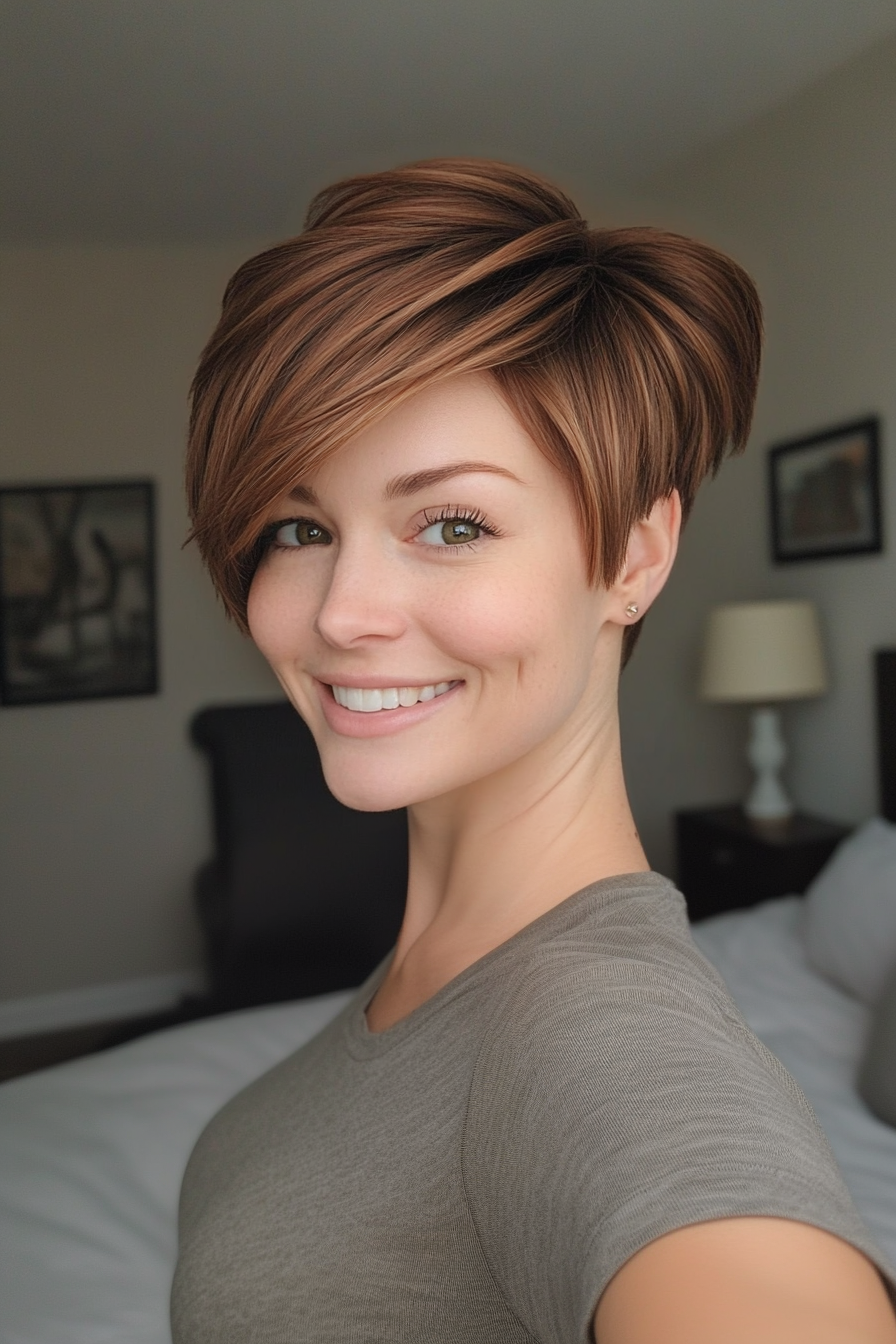 26. Undercut Pixie with Swooping Bangs in Maple Brown (Undercut Pixie Hairstyles) - Undercut Pixie Hairstyles